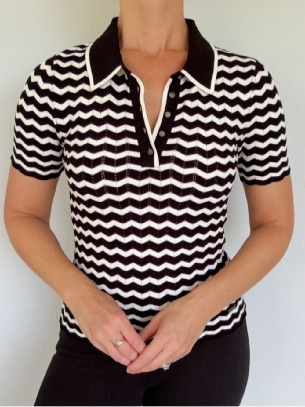 Jason Wu black white chevron knit short sleeve collared polo blouse small